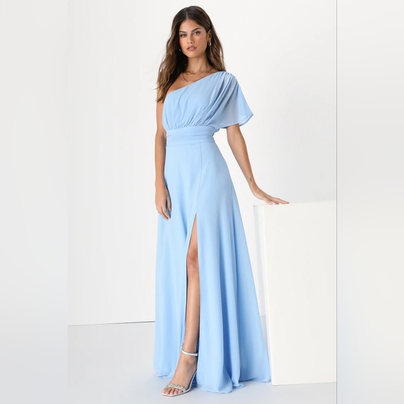 Lulus Cultivated Charm Powder Blue One-Shoulder Maxi Dress S Wedding Party Prom - Picture 3 of 12